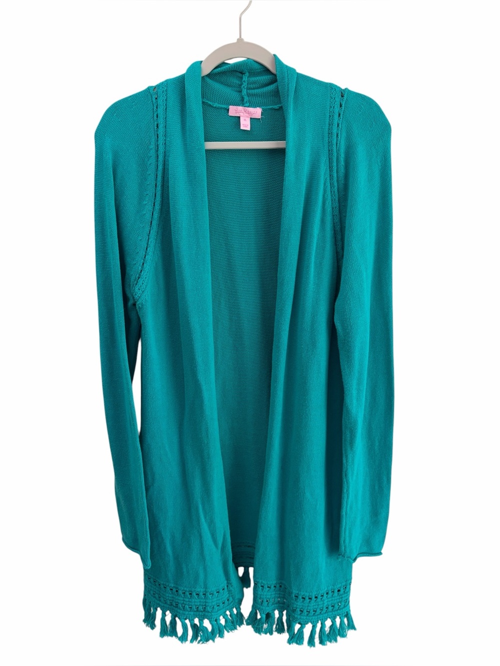 Lilly Pulitzer Martinique 100% Cotton Teal Fringe Hem Open-Front Cardigan XL